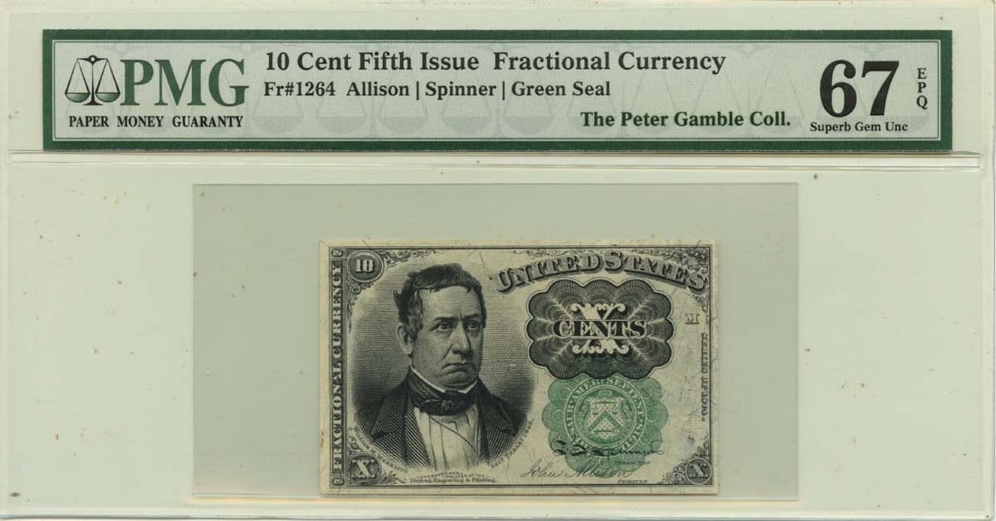 10 Cent Fractional Currency Fifth Issue PMG Superb GEM 67 EPQ Green Seal: 10 Cent Fractional Currency Fifth Issue PMG Superb GEM 67 EPQ Green Seal This exceptional Fractional Currency note is a Fifth Issue 10 Cent, designated FR#1264, and has received a high-grade certifica