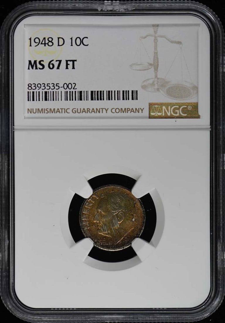 1948 D Roosevelt Dime Silver NGC MS67FT Uncirculated: 1948 D Roosevelt Dime Silver NGC MS67FT Uncirculated This 1948 D Roosevelt Dime is a stunning representation of American numismatic history. Graded MS67 by NGC, this coin is uncirculated, showcasing i