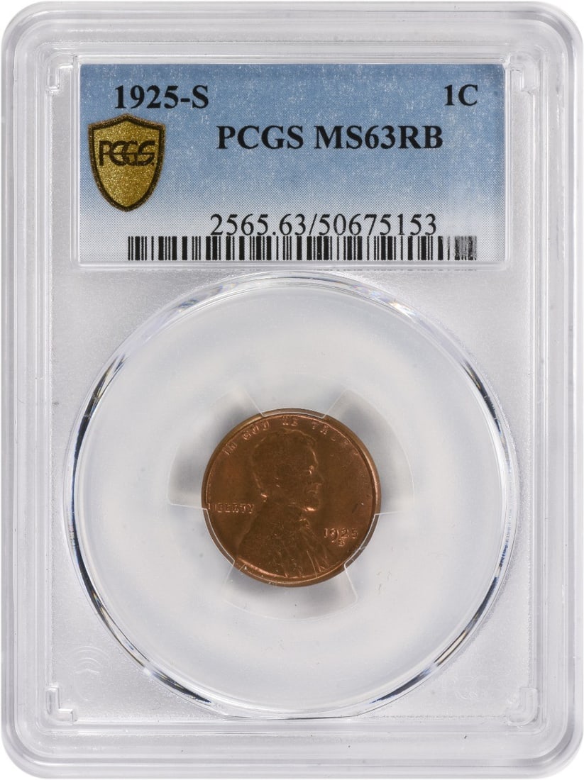 1925-S Lincoln Cent MS63RB PCGS Uncirculated Copper Wheat Coin: 1925-S Lincoln Cent MS63RB PCGS Uncirculated Copper Wheat Coin This 1925-S Lincoln Cent is a remarkable piece for collectors, graded MS63RB by PCGS, indicating its uncirculated condition with a rich,