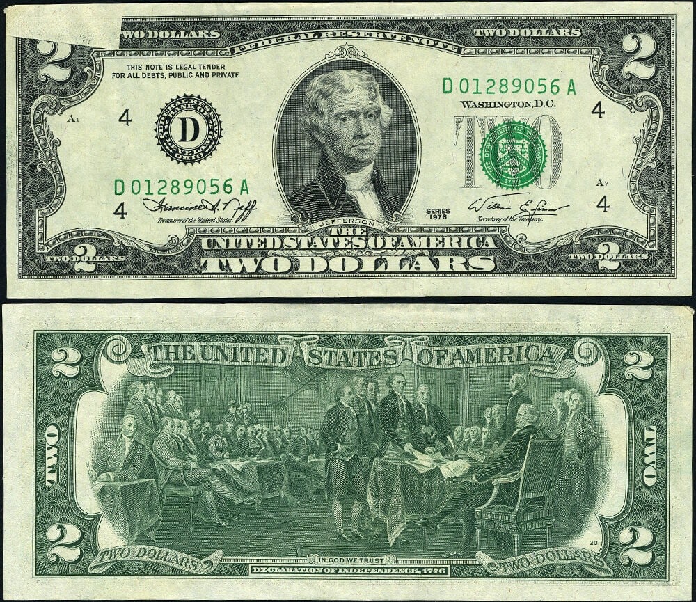 1976 $2 Federal Reserve Note ERROR Cleveland Obstructed Printing AU (1 of 3)