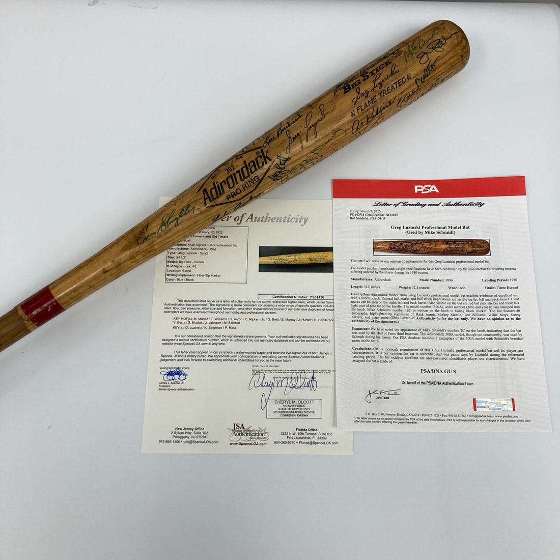 1980 Mike Schmidt Game Used Bat Signed by 40 HOFers PSA JSA: 1980 Mike Schmidt Game Used Bat Signed by 40 HOFers PSA JSA This is a remarkable 1980 MVP Game Used bat from Mike Schmidt, an iconic player for the Philadelphia Phillies. This Adirondack 302 model bat