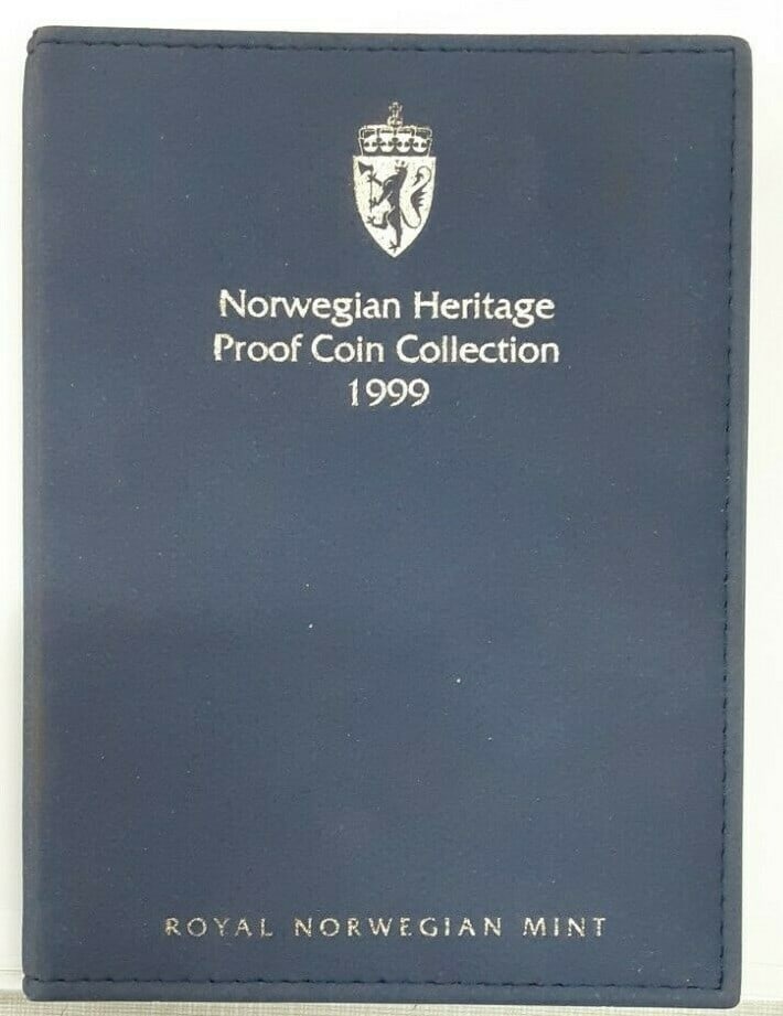 Norway 1999 Proof Set Five Coins with Sterling Silver Medal Original Mint Packaging: Norway 1999 Proof Set Five Coins with Sterling Silver Medal Original Mint Packaging This 1999 Norway 5 Coin Proof Set features five uncirculated coins in denominations of 50 Ore, 1 Krone, 5 Kroner, 10
