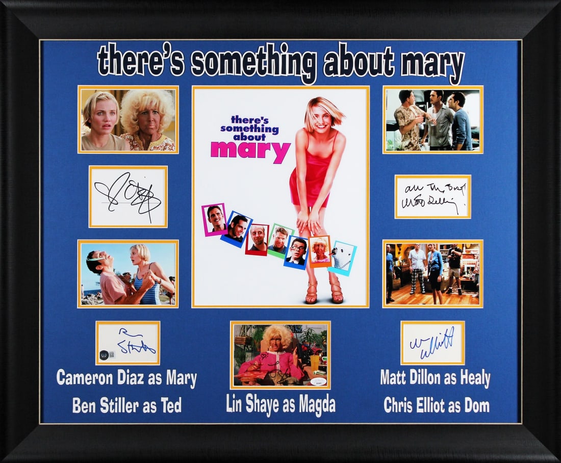 There's Something About Mary Signed Framed Display by Stiller Diaz Dillon with COA: There's Something About Mary Signed Framed Display by Stiller Diaz Dillon with COA This stunning framed display features the iconic film 'There's Something About Mary' and has been personally signed b