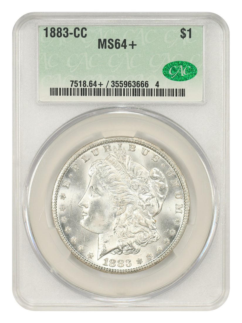 CACG MS64+ 1883 Carson City Morgan Silver Dollar: CACG MS64+ 1883 Carson City Morgan Silver Dollar This is an 1883-CC Morgan Dollar graded MS64+ by CACG. Minted in Carson City, this uncirculated $1 coin is part of the Morgan Dollar series and has bee
