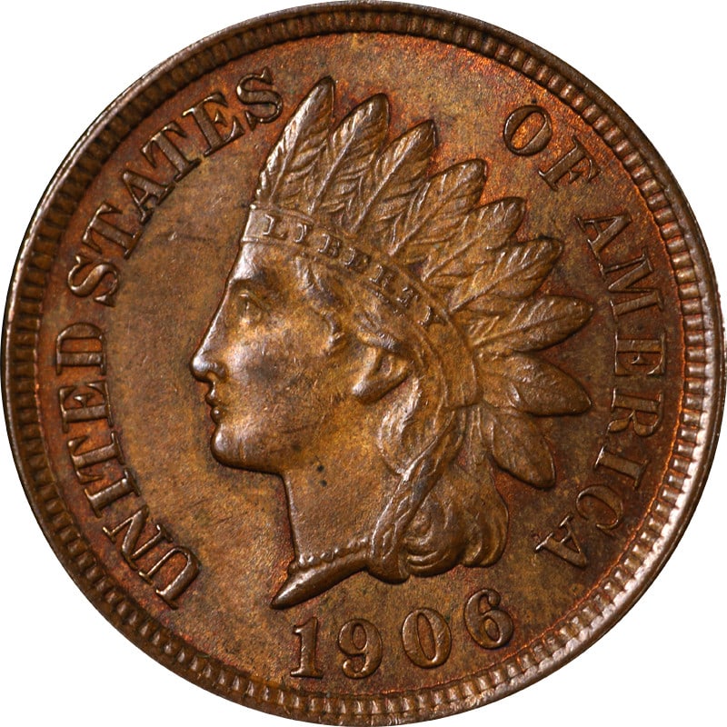 1906 United States Copper Indian Head Cent Circulated Example: 1906 United States Copper Indian Head Cent Circulated Example This 1906 Indian Cent is a circulated coin from the United States, composed of copper. It is uncertified and offered in pre-owned conditio