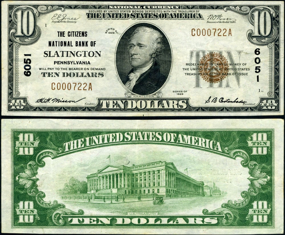 1929 T-1 $10 Slatington PA Citizens National Bank Note XF: 1929 T-1 $10 Slatington PA Citizens National Bank Note XF This 1929 T-1 National Bank Note from Citizens National Bank of Slatington, Pennsylvania, features a denomination of $10. The note is graded a
