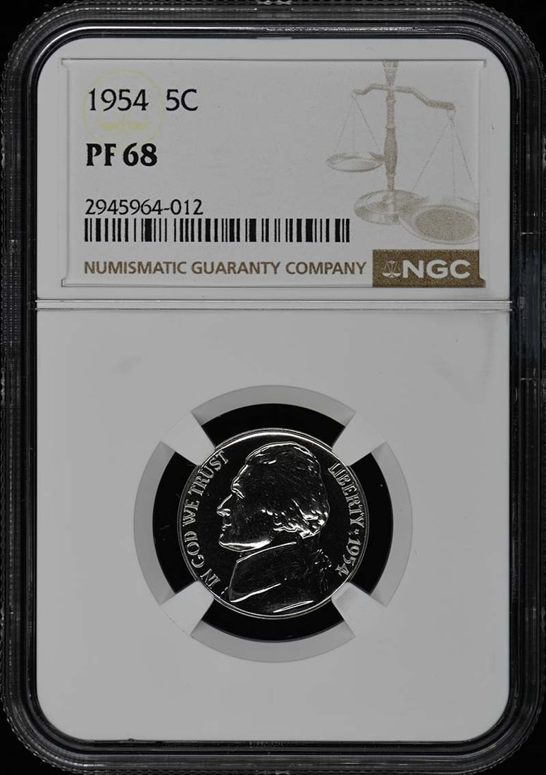 1954 Jefferson Nickel NGC PR68 Proof Coin: 1954 Jefferson Nickel NGC PR68 Proof Coin This 1954 Jefferson Nickel showcases remarkable quality with a grade of PR68, certified by NGC. It is an uncirculated coin, struck in proof at the Philadelphi