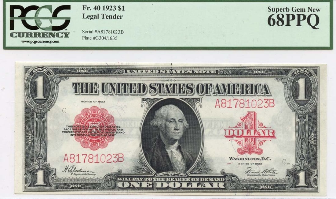 1923 $1 Legal Tender Note PCGS MS68 PPQ Superb Gem FR40 Red: 1923 $1 Legal Tender Note PCGS MS68 PPQ Superb Gem FR40 Red This 1923 $1 Legal Tender Note is a remarkable piece for collectors, showcasing an uncirculated grade of MS68 with the prestigious PPQ desig