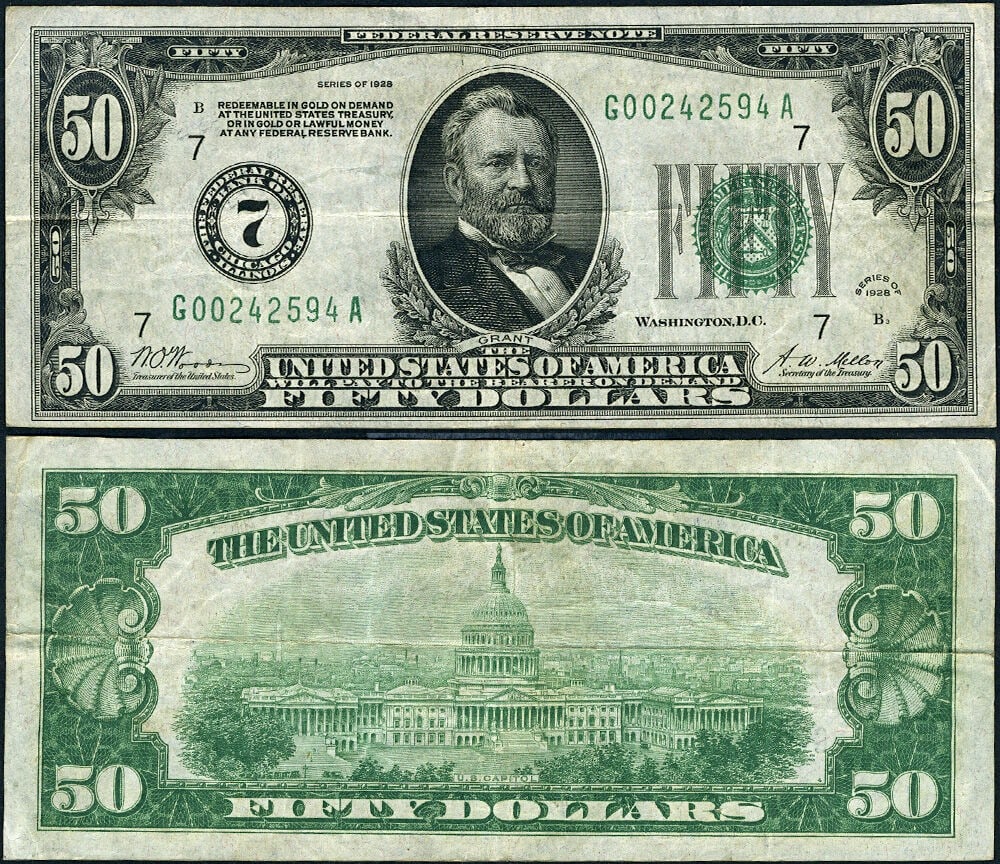 1928 Chicago $50 Federal Reserve Note FR 2100 G-A Block VF Plus (1 of 3)