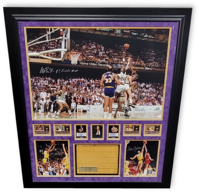 Magic Johnson Kareem Abdul Jabbar Signed Showtime Collage with Forum Floor: Magic Johnson Kareem Abdul Jabbar Signed Showtime Collage with Forum Floor Celebrate the iconic era of the Los Angeles Lakers with this custom framed collage featuring the legendary "SHOWTIME" team. T