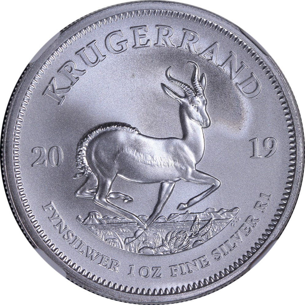 NGC MS70 2019 Silver Krugerrand 1oz Ed Harbuz Signed Label South Africa: NGC MS70 2019 Silver Krugerrand 1oz Ed Harbuz Signed Label South Africa This 2019 South Africa 1 Ounce Silver Krugerrand features a perfect MS70 grade and is certified by NGC. It includes a special la