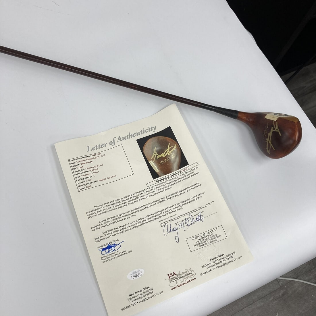 Sam Snead Autographed Vintage Spalding Golf Club with JSA COA: Sam Snead Autographed Vintage Spalding Golf Club with JSA COA This vintage Spalding golf club is autographed by legendary golfer Sam Snead, known for his remarkable career spanning decades. Signed in