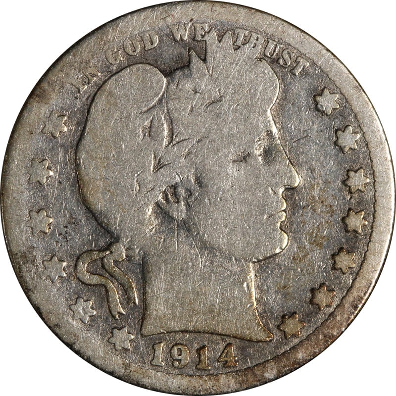 1914-S Barber Quarter Silver Circulated Nice Eye Appeal: 1914-S Barber Quarter Silver Circulated Nice Eye Appeal This 1914-S Barber Quarter offers appealing aesthetics with a grade of Good(ish). Though the rims exhibit slight weakness, the overall eye