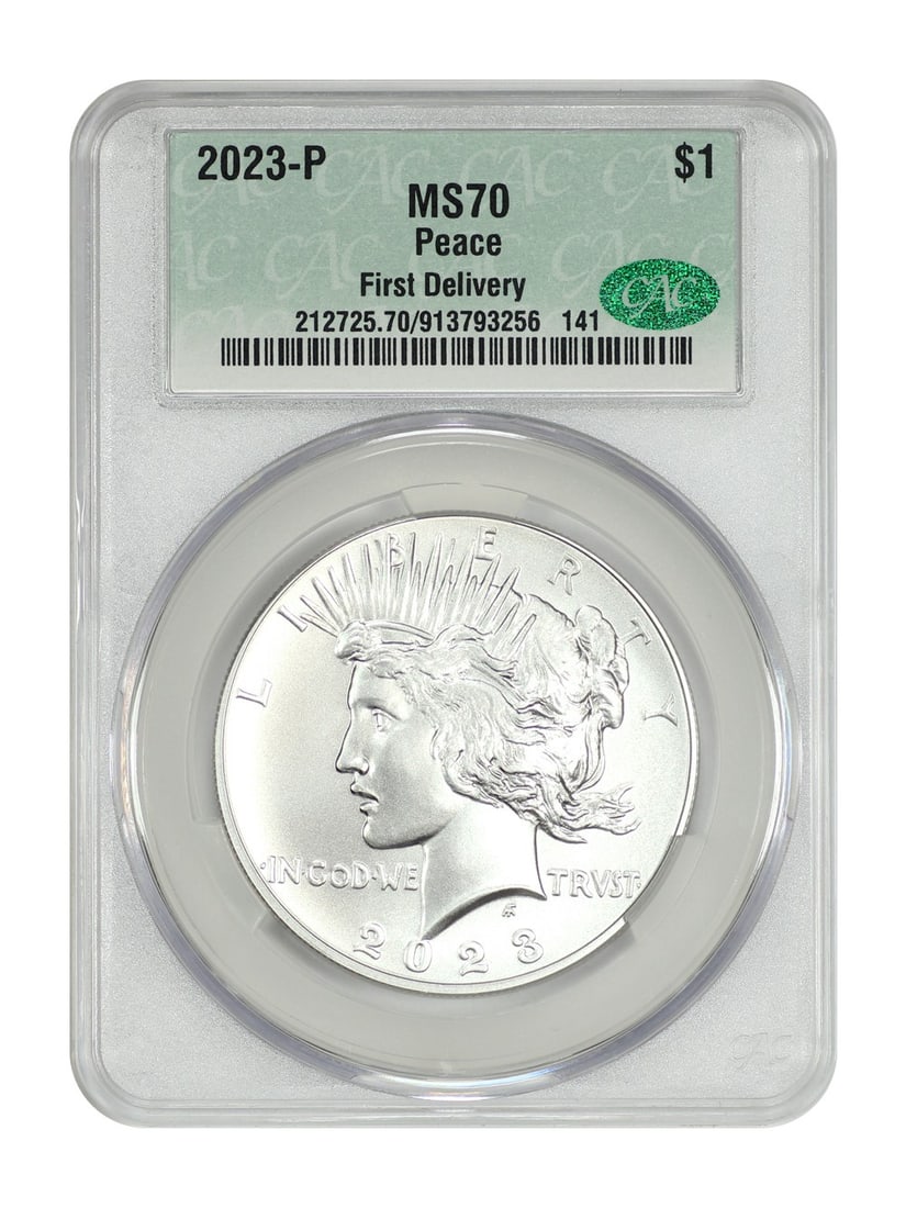 CACG Certified 2023 Philadelphia Peace Dollar MS70 First Delivery: CACG Certified 2023 Philadelphia Peace Dollar MS70 First Delivery This 2023-P Peace Dollar is a modern commemorative coin graded MS70 by CACG, indicating a flawless uncirculated condition. Minted in P