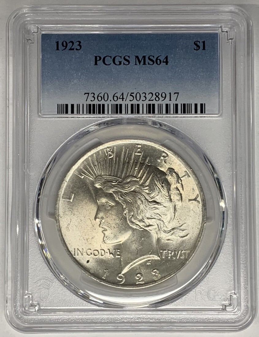 Set of 10 1923 Peace $1 Silver Dollars PCGS Graded MS 64: Set of 10 1923 Peace $1 Silver Dollars PCGS Graded MS 64 This 1923 Peace Silver Dollar coin is certified by PCGS with a grade of MS 64. It is composed of silver and is uncirculated. The coin was minte