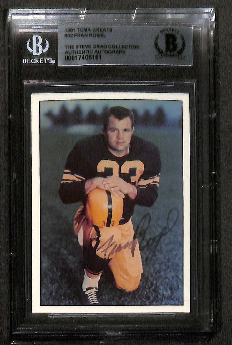 Fran Rogel Signed 1981 TCMA Greats #62 Card Beckett Authenticated: Fran Rogel Signed 1981 TCMA Greats #62 Card Beckett Authenticated This is an original sports trading card featuring Fran Rogel, the former Pittsburgh Steelers running back. The card is from the 1981 T