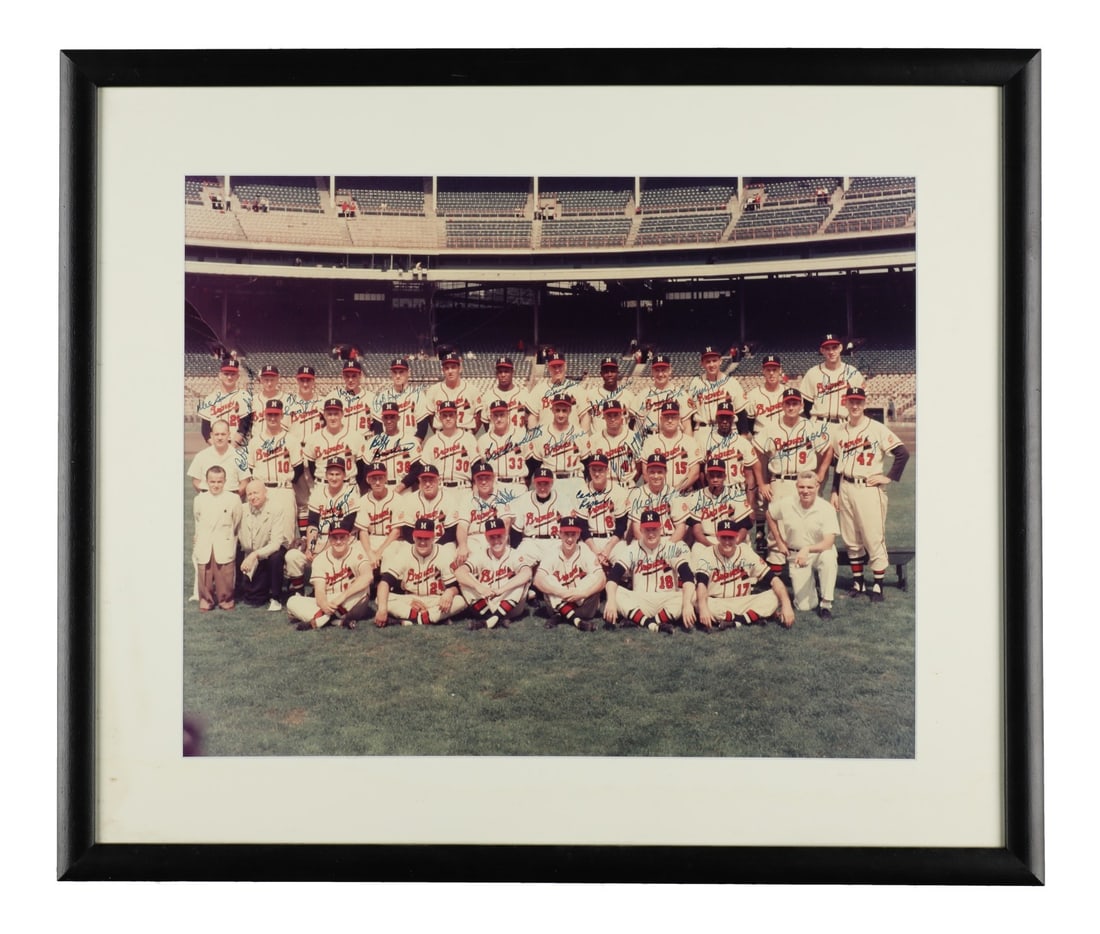 1957 Milwaukee Braves Signed Team Photo with JSA COA 16x20: 1957 Milwaukee Braves Signed Team Photo with JSA COA 16x20 Celebrate the legacy of the 1957 Milwaukee Braves with this stunning team-signed photograph, featuring 25 autographs in blue ink from the Wor