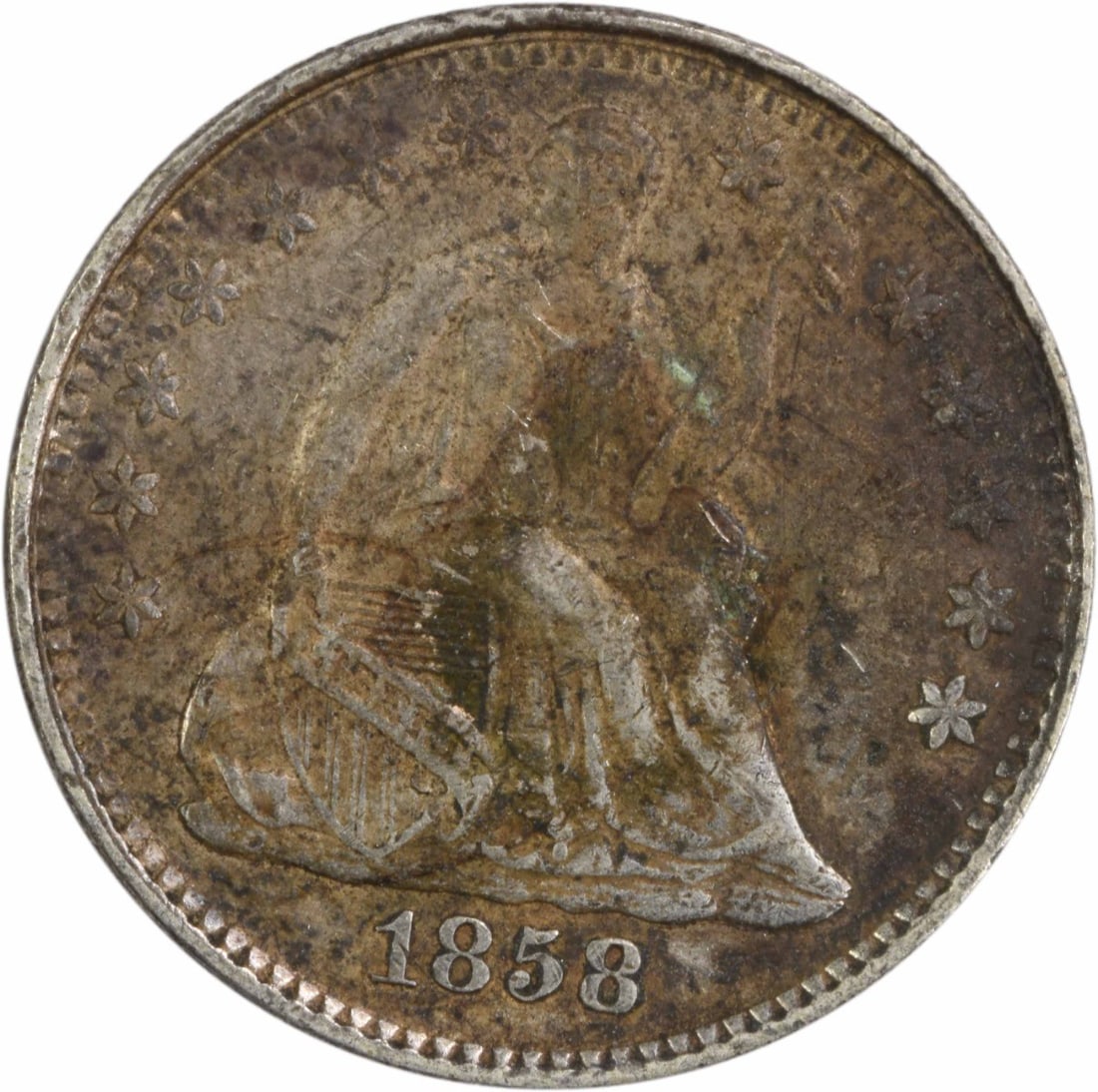 1858 Liberty Seated Half Dime 90% Silver Uncertified: 1858 Liberty Seated Half Dime 90% Silver Uncertified This 1858 Liberty Seated Silver Half Dime is a remarkable piece of American numismatic history. Struck in Philadelphia, this coin features a design