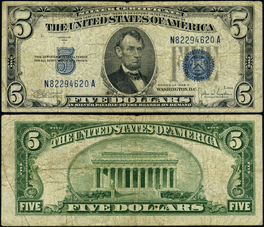 1934-C $5 Silver Certificate FR. 1653 N-A Block Fine Circulated (1 of 3)