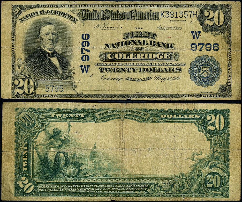 1902 $20 National Bank Note Coleridge Nebraska Charter 9796 FNB: 1902 $20 National Bank Note Coleridge Nebraska Charter 9796 FNB This is a Coleridge, Nebraska $20 National Bank Note from 1902, Charter #9796 issued by the First National Bank. The note is in fine gra
