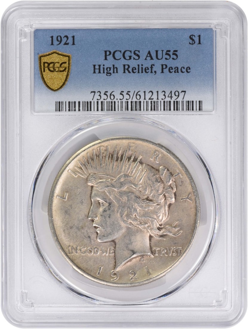 1921 Peace Dollar AU55 Graded by PCGS High Relief Silver Coin: 1921 Peace Dollar AU55 Graded by PCGS High Relief Silver Coin This 1921 Peace Silver Dollar features a high relief design and has been certified by PCGS with a grade of AU55. Struck at the Philadelphi