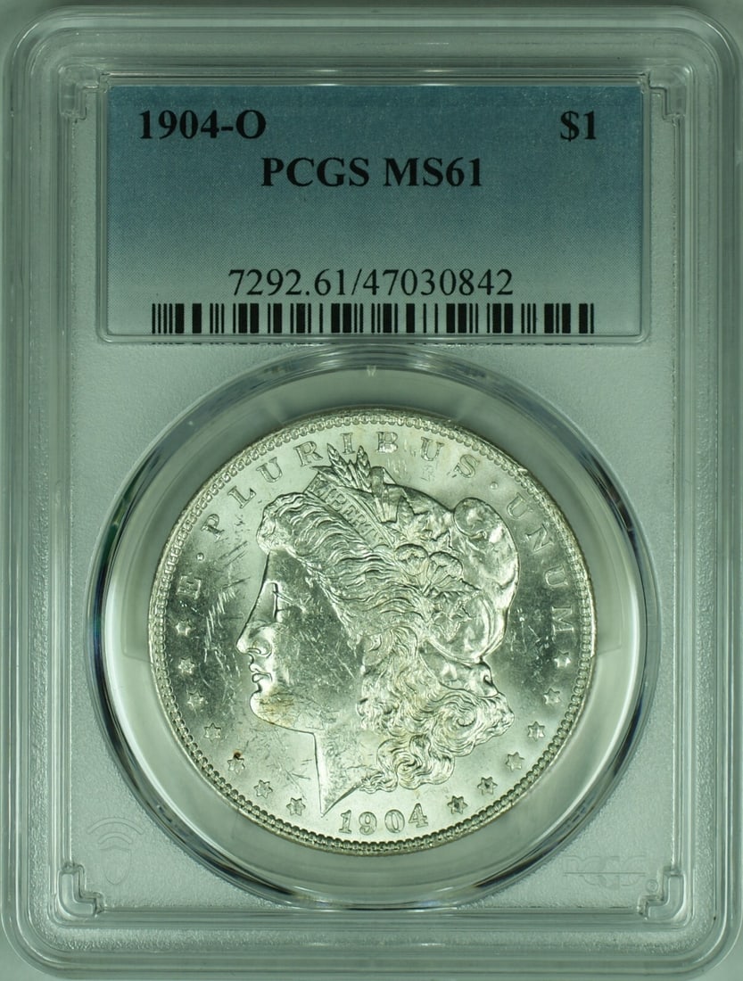PCGS MS61 1904 New Orleans Morgan Silver Dollar Uncirculated: PCGS MS61 1904 New Orleans Morgan Silver Dollar Uncirculated This is a 1904-O Morgan Silver Dollar coin from the United States, certified by PCGS with a grade of MS-61. Struck at the New Orleans Mint,