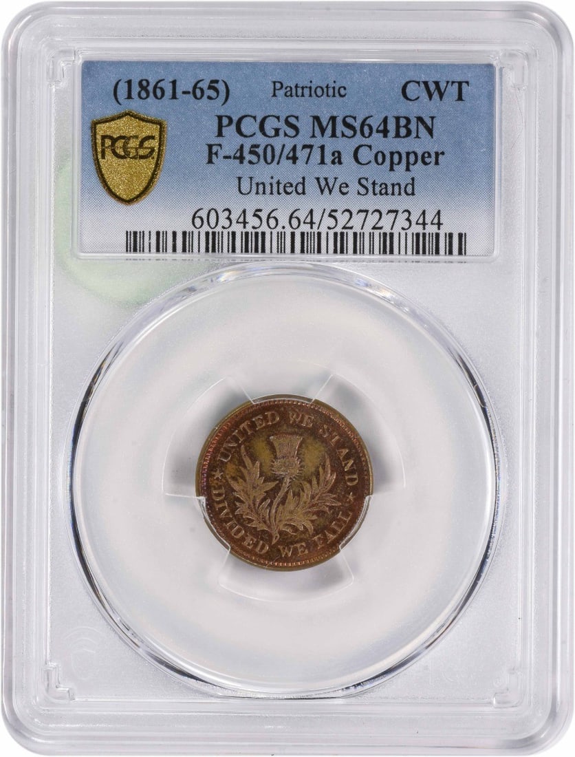 Civil War Token United We Stand F450/471a MS64BN Copper: Civil War Token United We Stand F450/471a MS64BN Copper This Civil War Token, dated between 1861 and 1865, features the patriotic motto "United We Stand". It is a notable collectible from this signifi