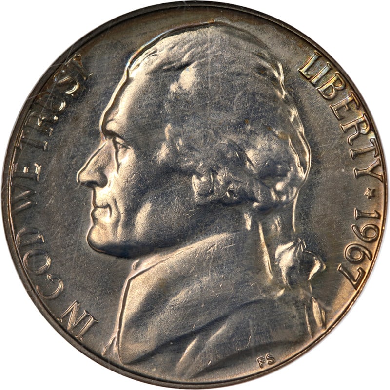 1967 SMS Jefferson Nickel NGC MS68 Uncirculated High Luster: 1967 SMS Jefferson Nickel NGC MS68 Uncirculated High Luster This 1967 SMS Jefferson Nickel is certified by NGC with a remarkable grade of MS68, indicating its uncirculated condition. The coin exhibits