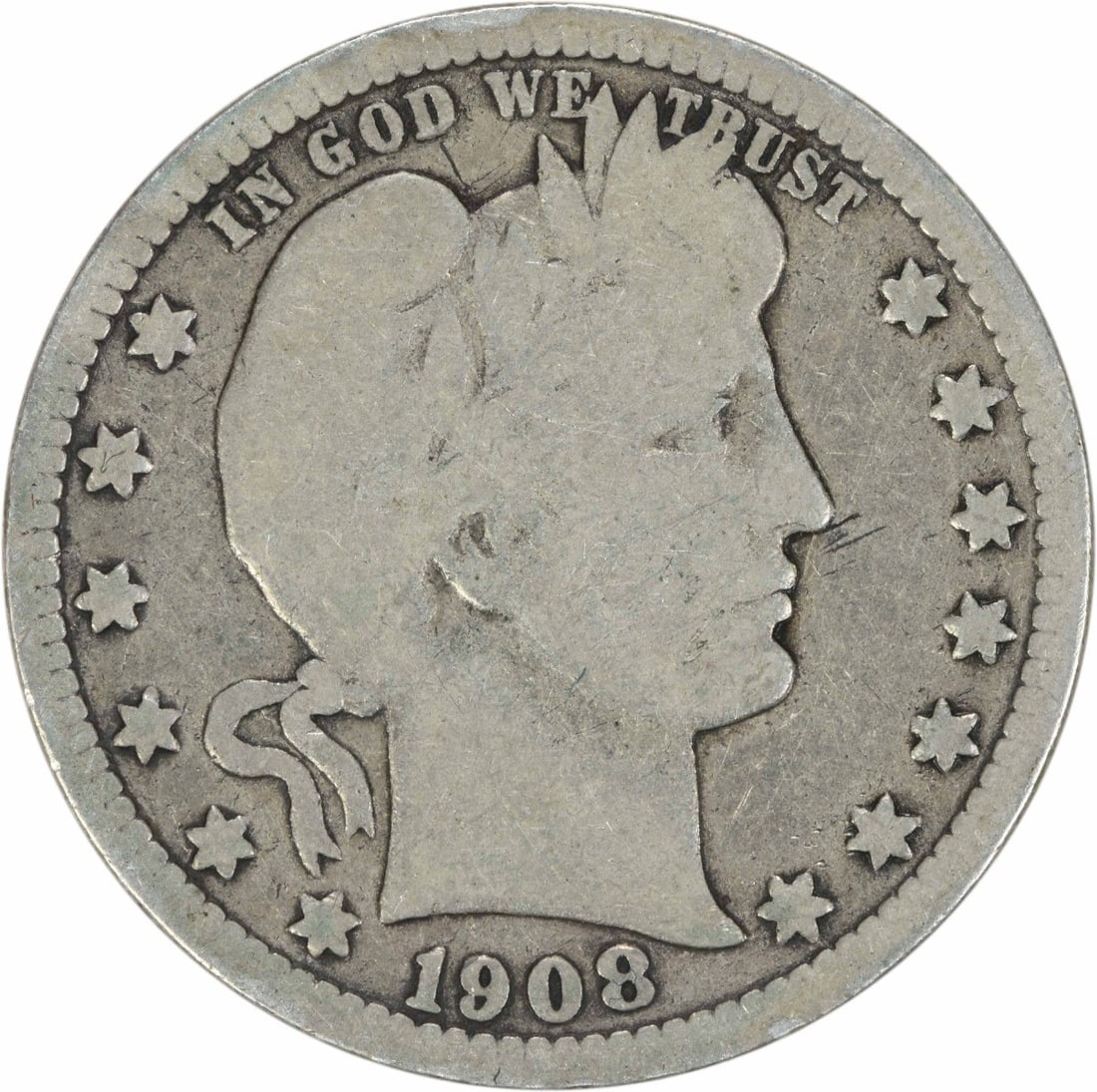 1908-S Barber Quarter 90% Silver Circulated United States: 1908-S Barber Quarter 90% Silver Circulated United States This 1908-S Barber Silver Quarter features a grade of Good (G) and is a striking example of early 20th-century American coinage. Designed by C