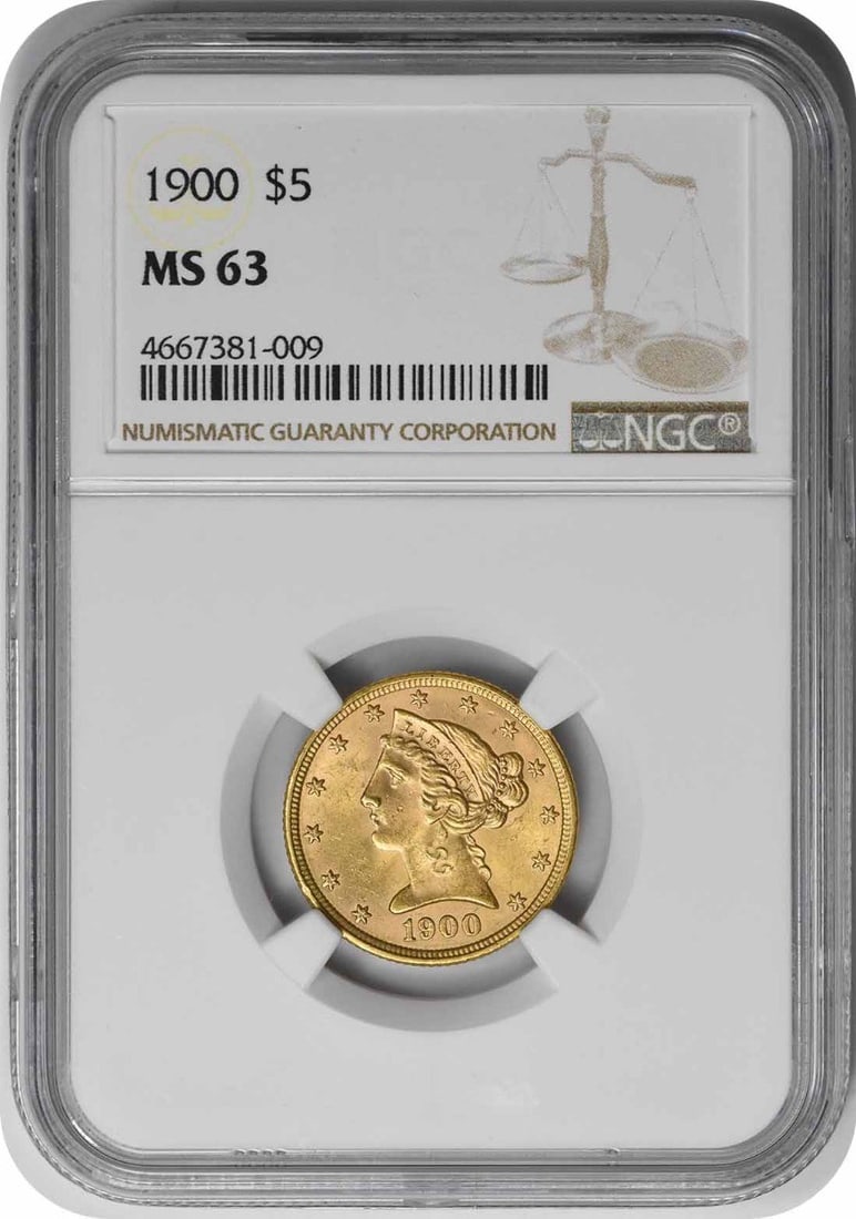 1900 Liberty Head $5 Gold Coin MS63 Graded by NGC: 1900 Liberty Head $5 Gold Coin MS63 Graded by NGC This 1900 $5 Liberty Head gold coin from the United States features a design by Christian Gobrecht and was minted in Philadelphia. Graded MS63 by NGC,