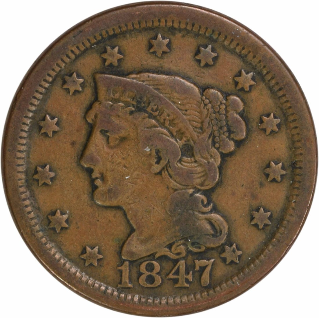1847 Braided Hair Large Cent Copper Coin VF Uncertified: 1847 Braided Hair Large Cent Copper Coin VF Uncertified This 1847 Large Cent features the Braided Hair design, created by the renowned designer Christian Gobrecht. It is a circulated coin from the Phi
