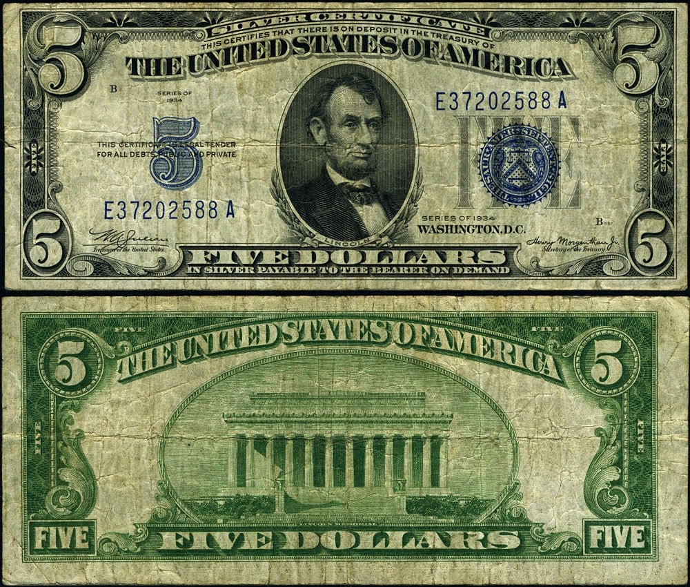 1934 $5 Silver Certificate FR. 1650 E-A Block Circulated Fine+ (1 of 3)