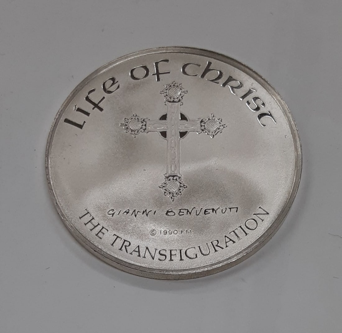 The Transfiguration Sterling Silver Medal Life of Christ by Benvenuti: The Transfiguration Sterling Silver Medal Life of Christ by Benvenuti This Franklin Mint Life of Christ medal, titled 'The Transfiguration,' is part of a proof silver medal set produced in the 1990s.