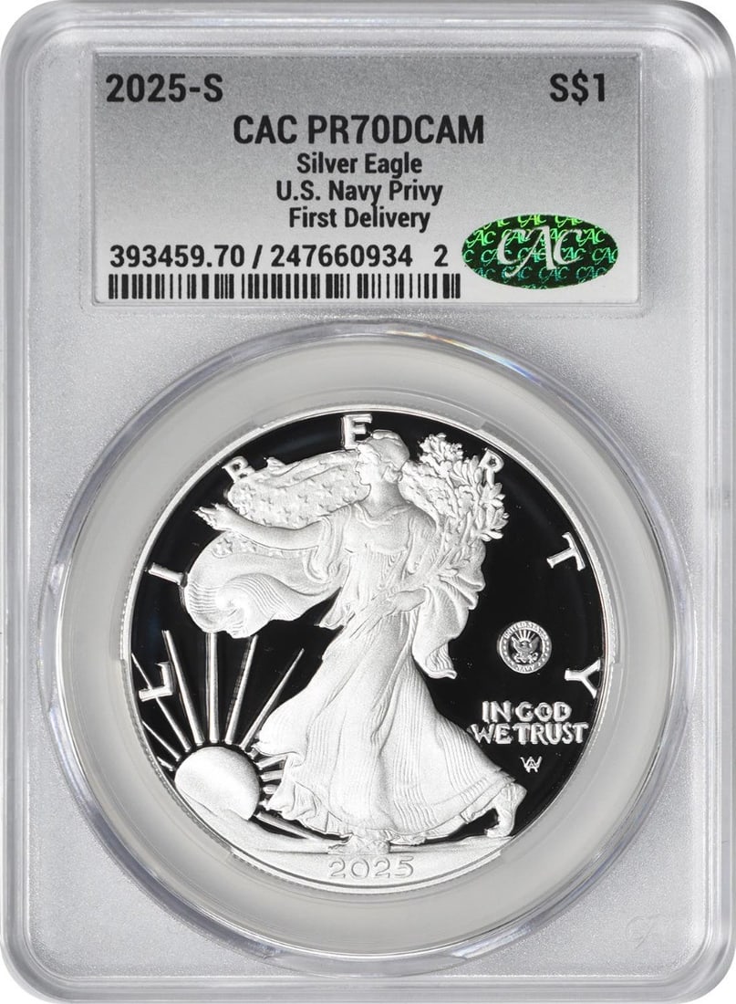 2025-S American Silver Eagle U.S. Navy Privy 250th Anniversary PR70DCAM CACG: 2025-S American Silver Eagle U.S. Navy Privy 250th Anniversary PR70DCAM CACG Celebrate the 250th Anniversary of the U.S. Navy with this stunning 2025-S American Silver Eagle coin. Struck in proof qual