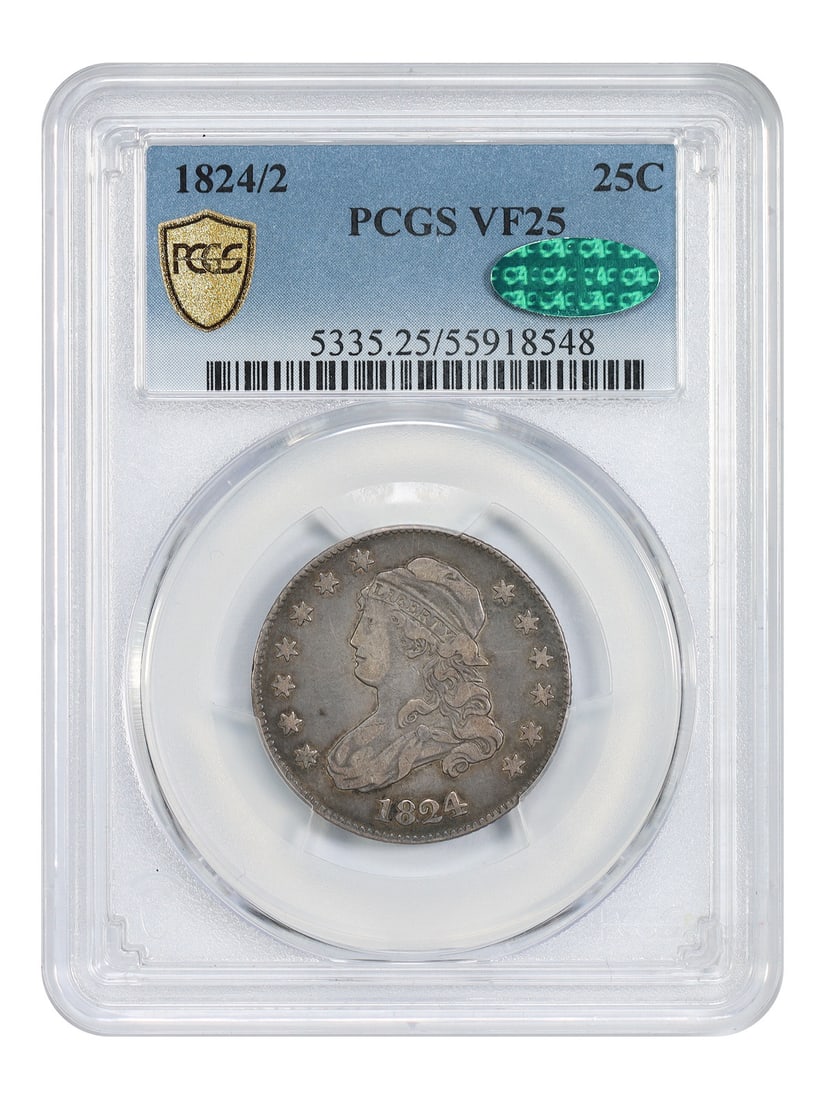 PCGS CAC VF25 1824 over 2 Capped Bust Quarter Dollar: PCGS CAC VF25 1824 over 2 Capped Bust Quarter Dollar This 1824/2 Capped Bust Quarter is a rare and highly sought-after coin from a low mintage of just 24,000. Certified by PCGS with CAC approval and g