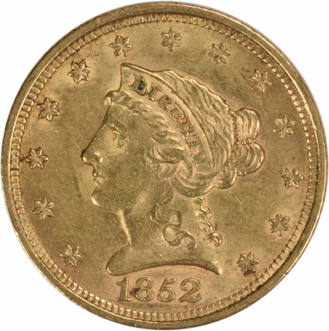 1852 Gold Liberty Head $2.50 Coin AU Philadelphia Mint Christian Gobrecht: 1852 Gold Liberty Head $2.50 Coin AU Philadelphia Mint Christian Gobrecht This 1852 $2.50 Gold Liberty Head coin features a striking design by Christian Gobrecht and is crafted from 90% gold and 10% c