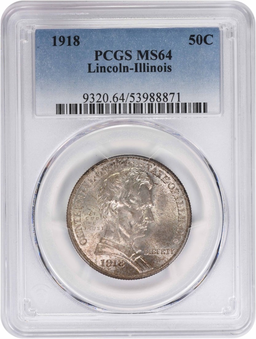 1918 Silver Half Dollar PCGS MS64 Lincoln Commemorative Coin: 1918 Silver Half Dollar PCGS MS64 Lincoln Commemorative Coin This 1918 Lincoln Commemorative Half Dollar is graded MS64 by PCGS. Struck in silver, this uncirculated coin was issued in the United State