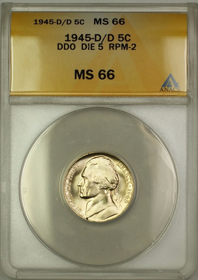 ANACS MS-66 Jefferson Nickel 1945-D/D RPM-2 Wartime Silver DDO Coin: ANACS MS-66 Jefferson Nickel 1945-D/D RPM-2 Wartime Silver DDO Coin This 1945-D/D RPM-2 DDO Die 5 Wartime Silver Jefferson Nickel 5c coin is certified by ANACS with a grade of MS-66. Minted in Denver,