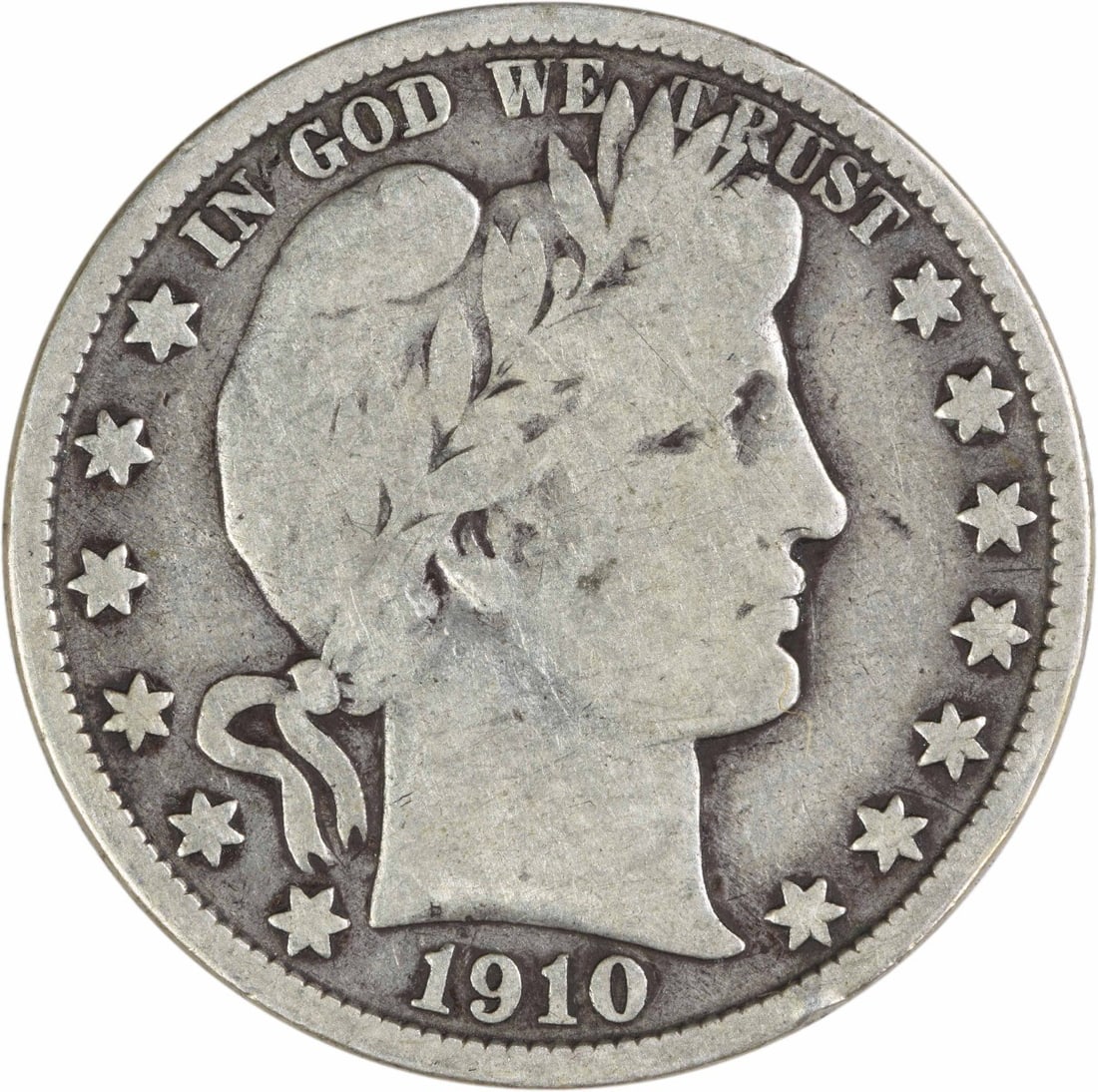 1910 United States 50C Barber Half Dollar 90 Percent Silver VG Grade Uncertified: 1910 United States 50C Barber Half Dollar 90 Percent Silver VG Grade Uncertified This is a pre-owned 1910 Barber Half Dollar coin from the United States, designed by Charles E. Barber. The coin is in