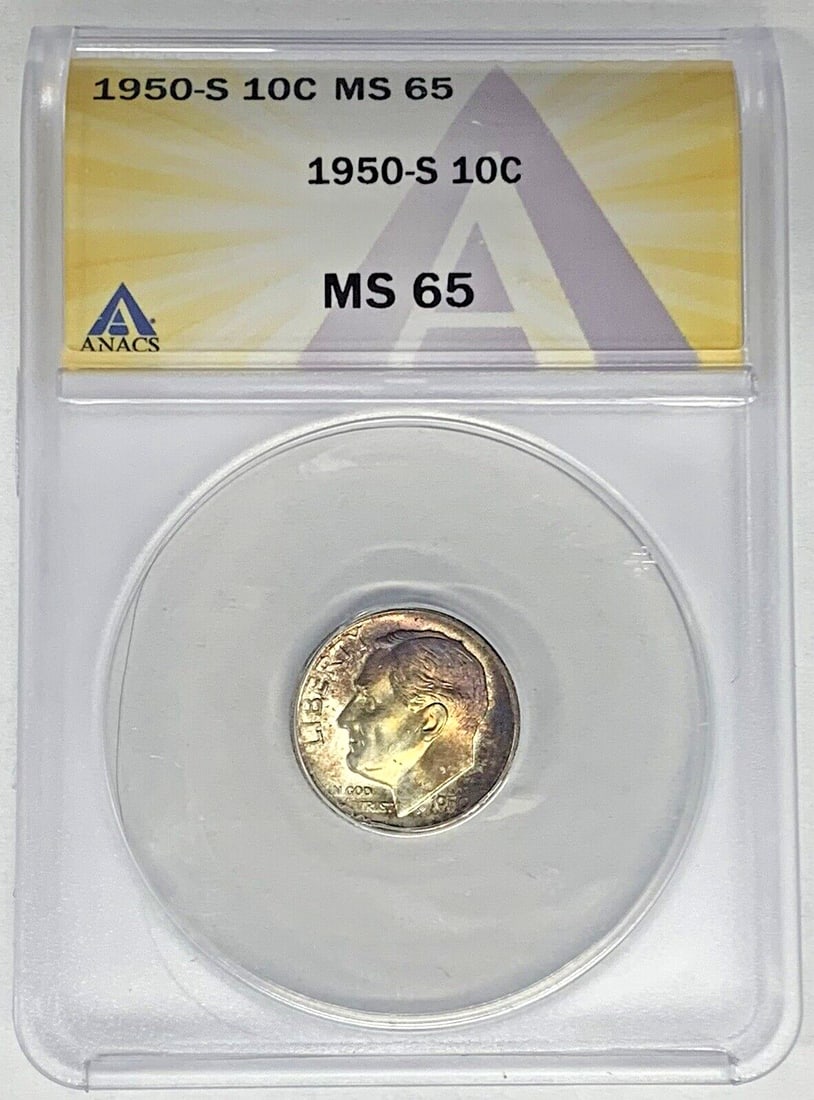1950-S Silver Roosevelt Dime ANACS MS65 Vibrant Toning 10C Coin: 1950-S Silver Roosevelt Dime ANACS MS65 Vibrant Toning 10C Coin This 1950-S Roosevelt Dime is a 10-cent coin from the United States, featuring a colorful tone. It is composed of silver and has been gr