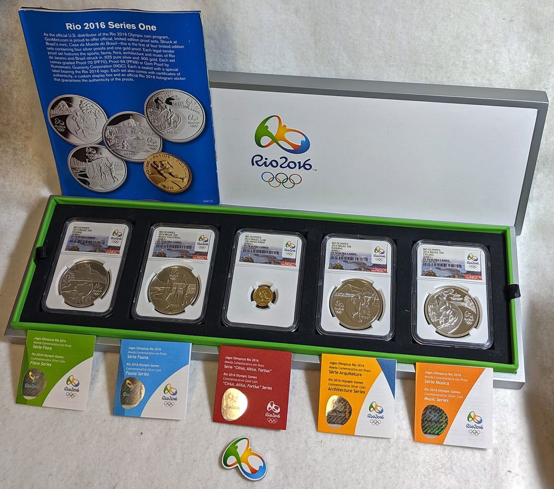 NGC PF70 Ultra Cameo 2016 Brazil Olympic 5 Coin Gold and Silver Proof Set: NGC PF70 Ultra Cameo 2016 Brazil Olympic 5 Coin Gold and Silver Proof Set This is a 2016 Rio Olympic Brazil Gold & Silver 5 Coin Proof Set Series 1. The set includes five proof coins, both gold and si