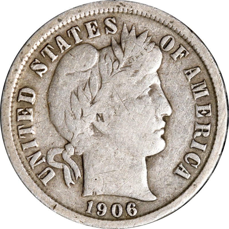 1906 New Orleans Mint Silver Barber Dime United States Coin: 1906 New Orleans Mint Silver Barber Dime United States Coin This 1906-O Barber Dime is a circulated silver coin minted in New Orleans. It features a fineness of 0.9 and originates from the United Stat