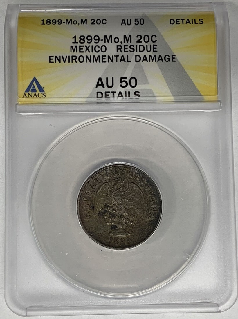 1899 Mexico 20 Centavos ANACS AU 50 Certified Coin: 1899 Mexico 20 Centavos ANACS AU 50 Certified Coin This 1899-Mo,M Mexico 20 Centavos coin is certified by ANACS with a grade of AU 50 Details. It originates from Mexico and is part of the historical p