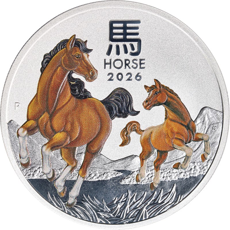 2026 Lunar Horse Colorized 1 oz Silver Dollar from Australia BU in OGP: 2026 Lunar Horse Colorized 1 oz Silver Dollar from Australia BU in OGP This 2026 Australia 1 Ounce Silver $1 Lunar Horse coin features a Brilliant Uncirculated (BU) grade and a colorized finish. Compo