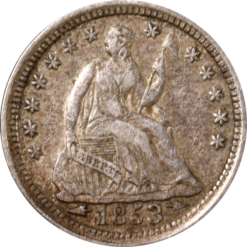 1853-P Seated Liberty Half Dime Silver Arrows at Date: 1853-P Seated Liberty Half Dime Silver Arrows at Date This 1853-P Seated Liberty Half Dime features the distinctive arrows at the date, a hallmark of the coin's design. Minted in Philadelphia, this hi