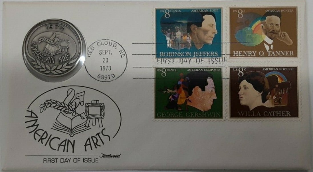 1973 American Arts Sterling Silver Medal with Stamps First Day Cover by Fleetwood: 1973 American Arts Sterling Silver Medal with Stamps First Day Cover by Fleetwood This 1973 American Arts commemorative medal is crafted from 0.925 fine sterling silver and was issued to honor America