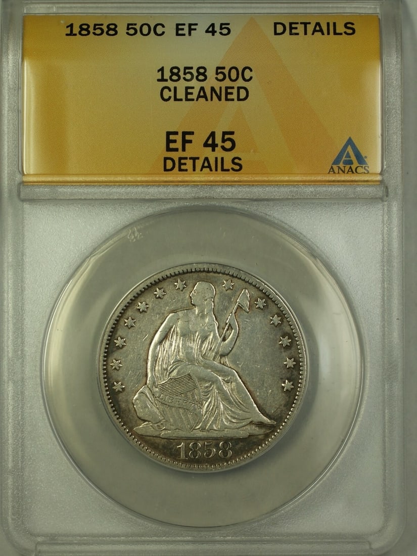 ANACS EF-45 Seated Liberty 1858 Silver Half Dollar 50C Philadelphia Cleaned: ANACS EF-45 Seated Liberty 1858 Silver Half Dollar 50C Philadelphia Cleaned This 1858 Seated Liberty Silver Half Dollar features the classic design and is certified by ANACS with a grade of EF 45 Deta