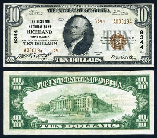 1929 T-2 $10 National Bank Note Richland PA Charter 8344 Extra Fine: 1929 T-2 $10 National Bank Note Richland PA Charter 8344 Extra Fine This is a 1929 Type 2 $10 National Bank Note from Richland, Pennsylvania, issued by the Richland National Bank, Charter #8344. The n