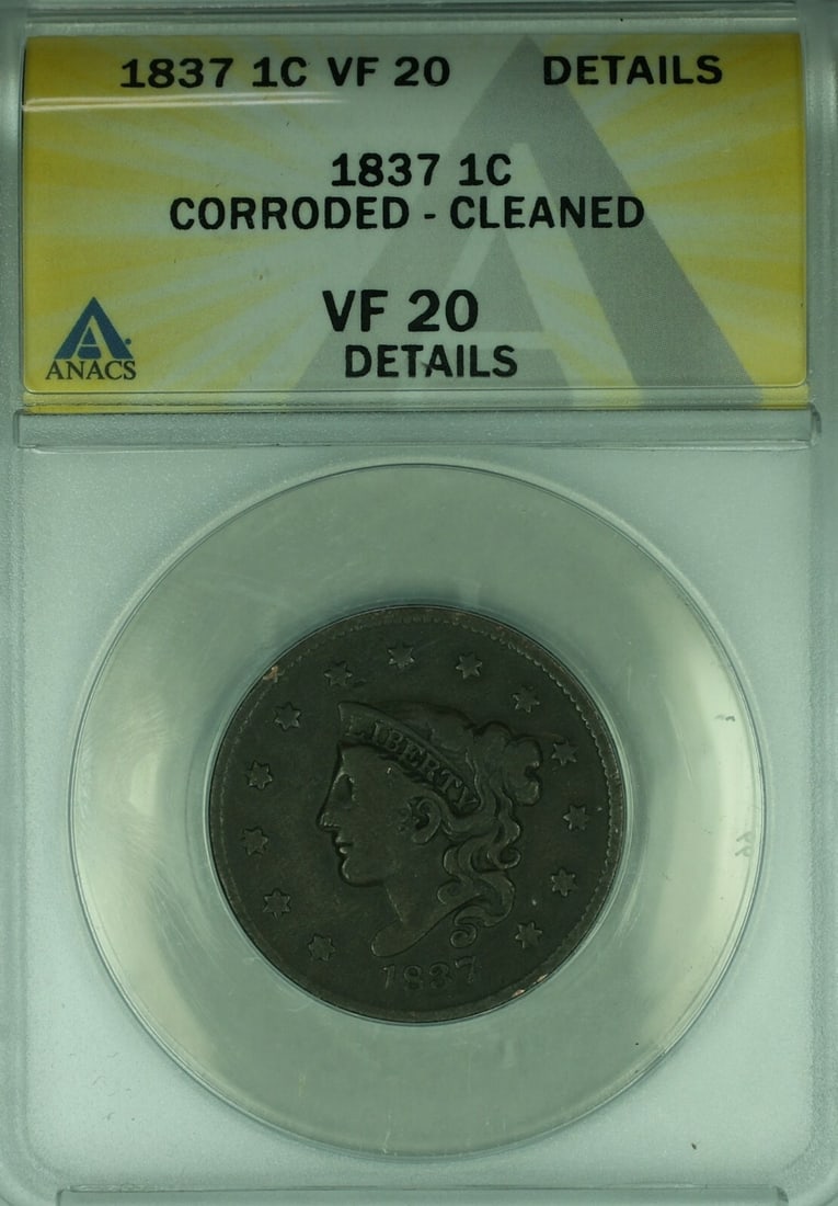 1837 ANACS VF-20 Coronet Head Large Cent Corroded and Cleaned (1 of 2)