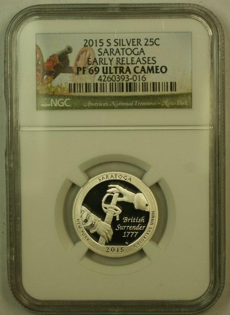 2015-S NGC PR69 Silver Saratoga Quarter Early Releases Ultra Cameo: 2015-S NGC PR69 Silver Saratoga Quarter Early Releases Ultra Cameo This is a 2015-S Silver Washington Saratoga quarter, certified by NGC as an Early Release with a PF-69 Ultra Cameo DCAM grade. The co
